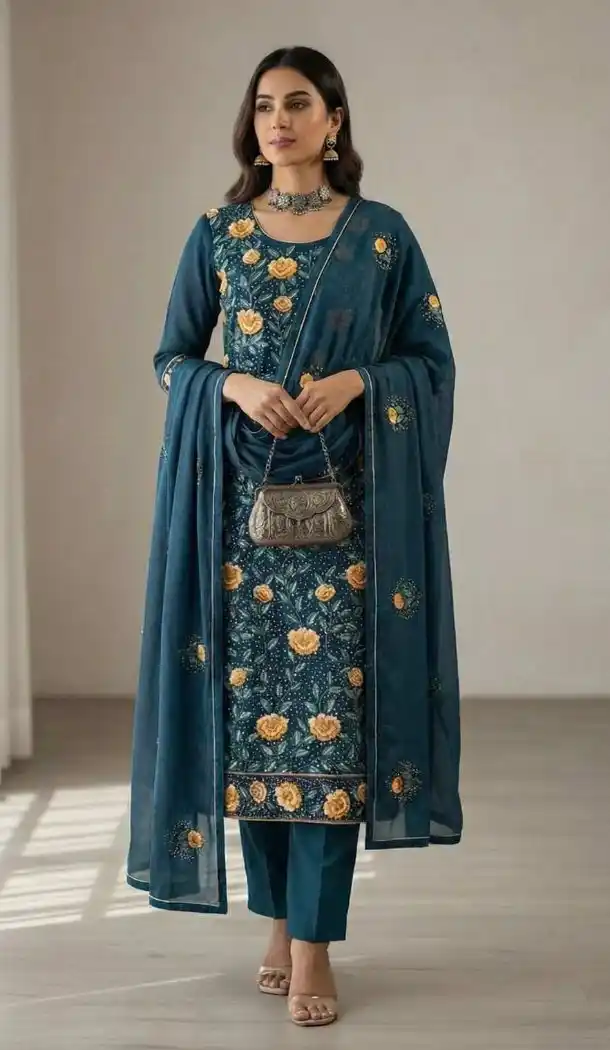 Teal Blue Sequin Work Georgette Salwar Suit - 218329