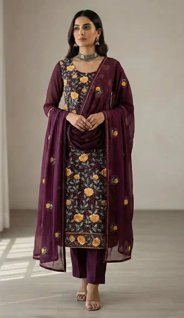 Wine Georgette Sequin Embroidered Salwar Suit - 218330