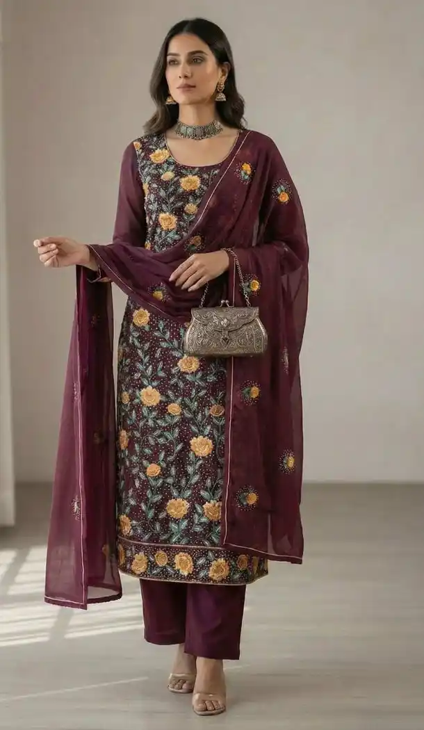 Wine Georgette Sequin Embroidered Salwar Suit - 218330