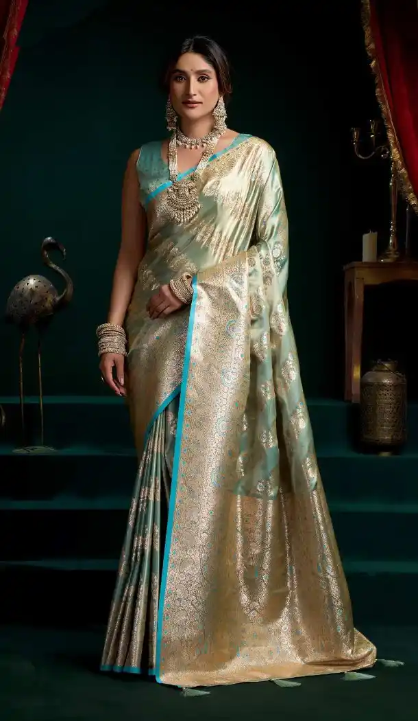 Sky Blue Satin Silk Saree with Jacquard Design - 218410