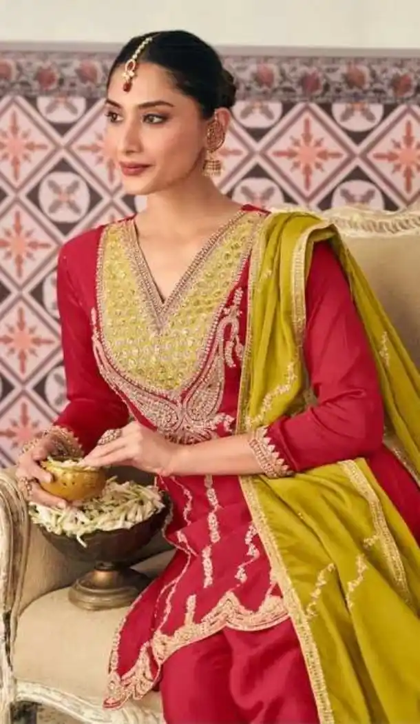 Pink Chinon Palazzo Suit with Embroidery Work - 218413