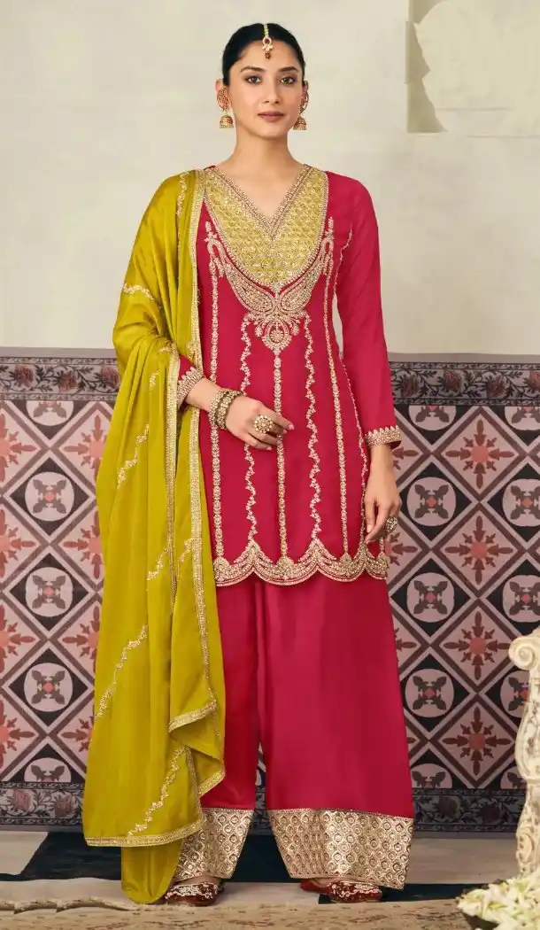 Pink Chinon Palazzo Suit with Embroidery Work - 218413
