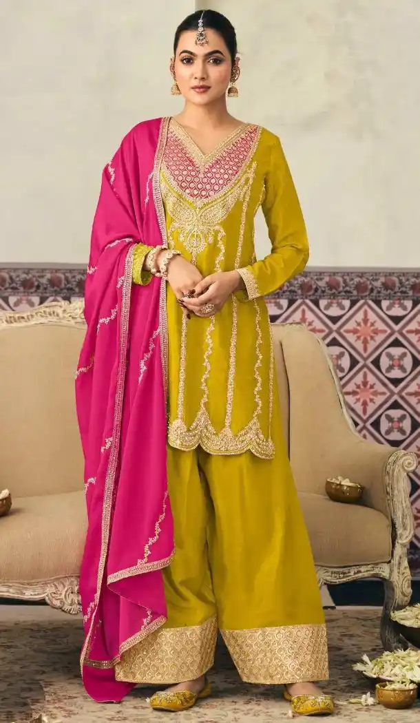 Yellow Embroidered Zarkan Work Palazzo Suit in Chinon - 218414
