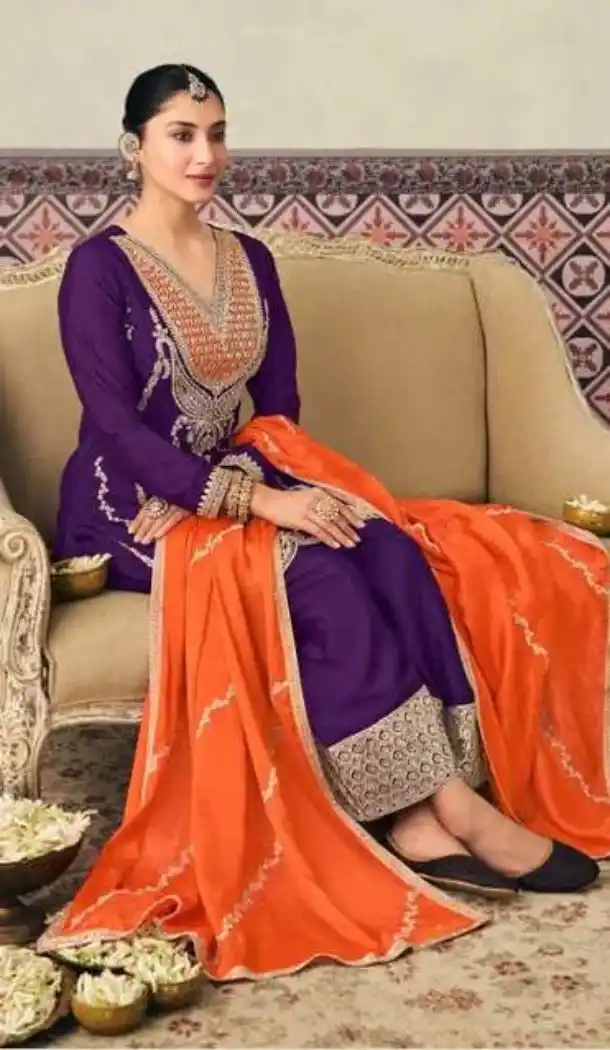 Purple Chinon Palazzo Suit with Embroidery Work - 218415