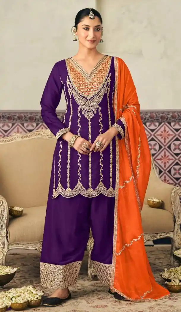 Purple Chinon Palazzo Suit with Embroidery Work - 218415