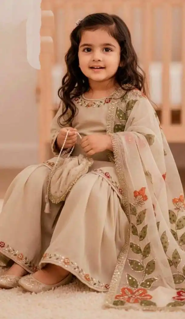 Cream Heavy Embroidered Silk Kids Kurta Sharara - 218416