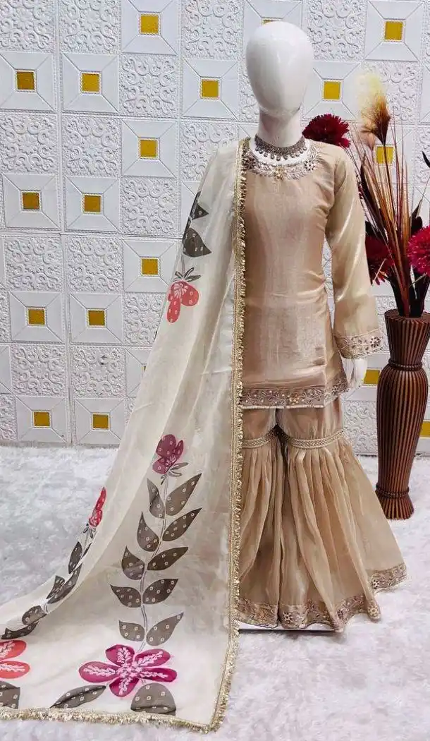 Cream Heavy Embroidered Silk Kids Kurta Sharara - 218416