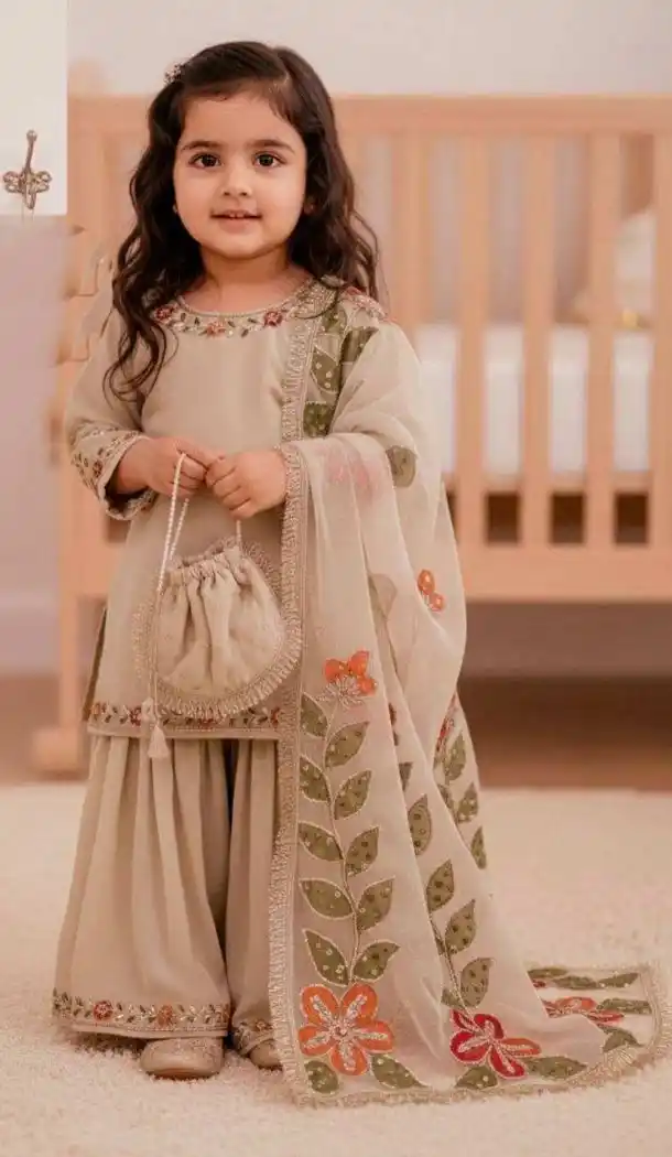 Cream Heavy Embroidered Silk Kids Kurta Sharara - 218416