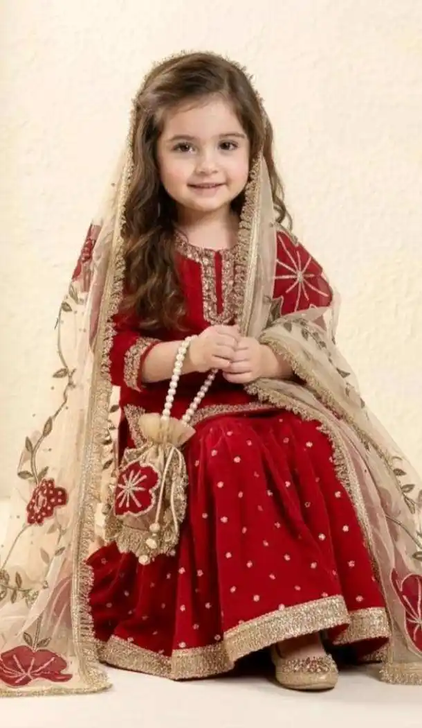 Maroon Silk Kids Kurta Sharara with Heavy Embroidery - 218417