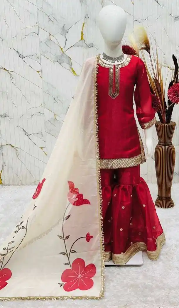 Maroon Silk Kids Kurta Sharara with Heavy Embroidery - 218417