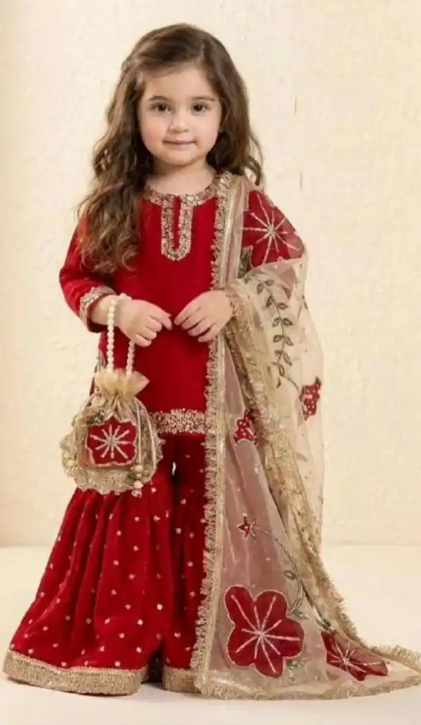 Maroon Silk Kids Kurta Sharara with Heavy Embroidery - 218417