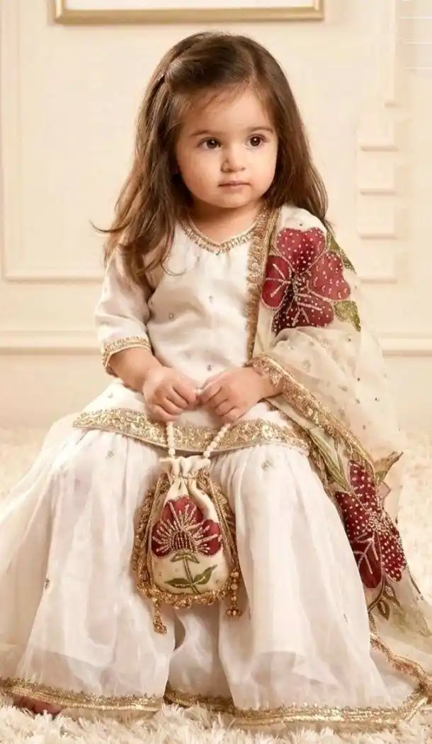 Off White Heavy Embroidered Kids Kurta Sharara in Silk - 218418