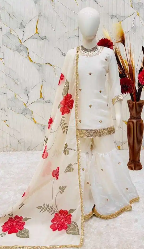 Off White Heavy Embroidered Kids Kurta Sharara in Silk - 218418