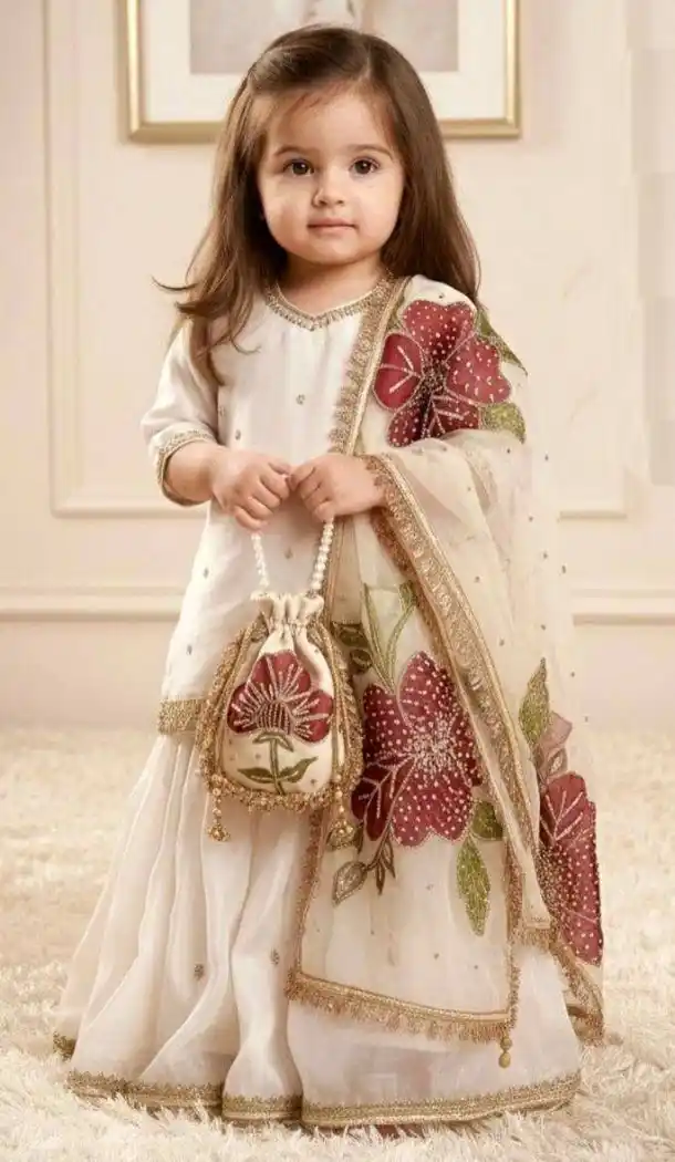 Off White Heavy Embroidered Kids Kurta Sharara in Silk - 218418