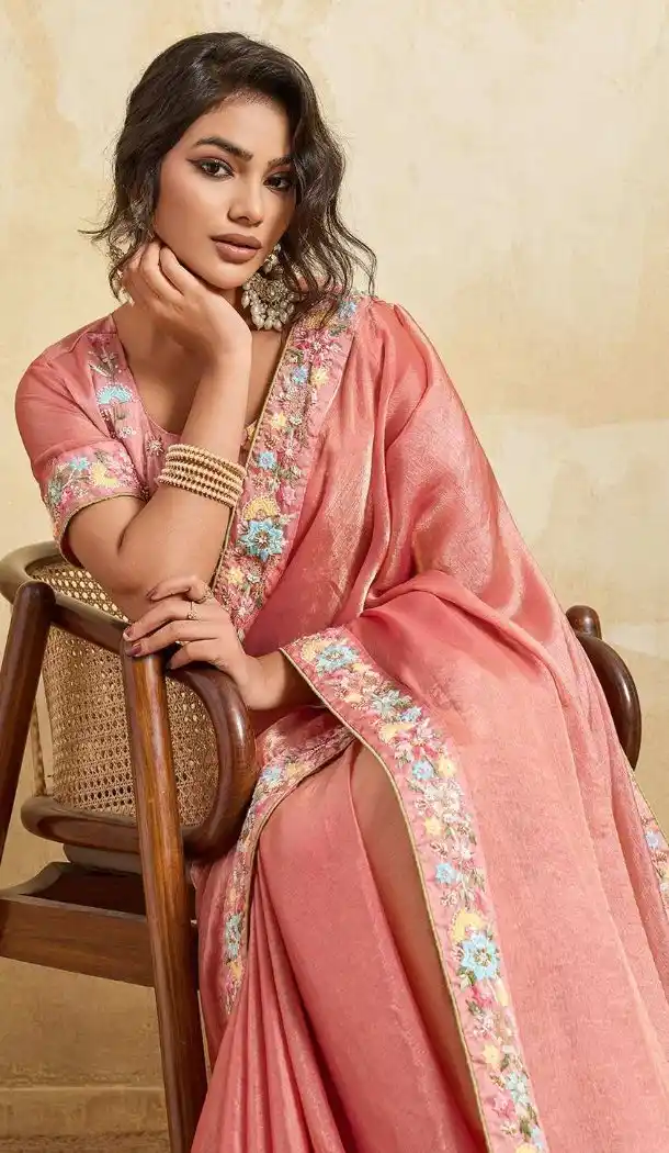 Pink Fendy Chiffon Beads Work Saree - 218462