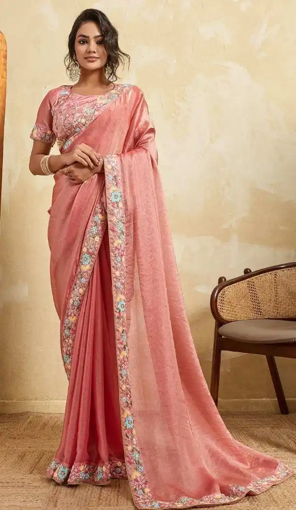 Pink Fendy Chiffon Beads Work Saree - 218462