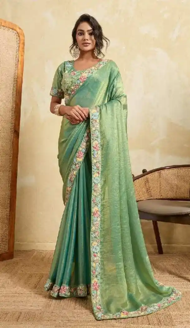 Sea Green Chiffon Embroidery Saree - 218463