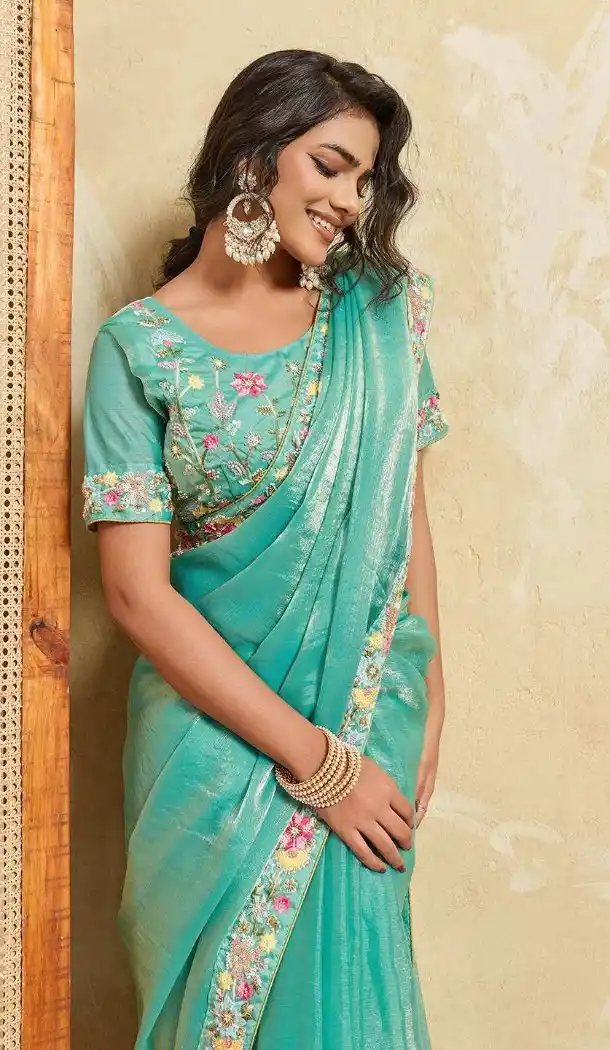 Sky Blue Fendy Lace Border Saree - 218464