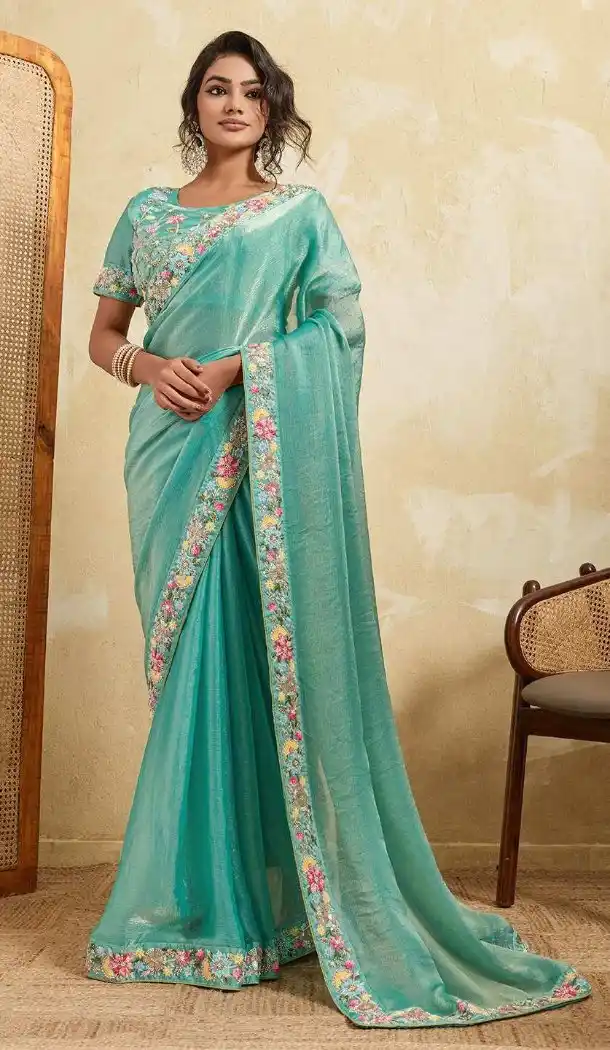 Sky Blue Fendy Lace Border Saree - 218464