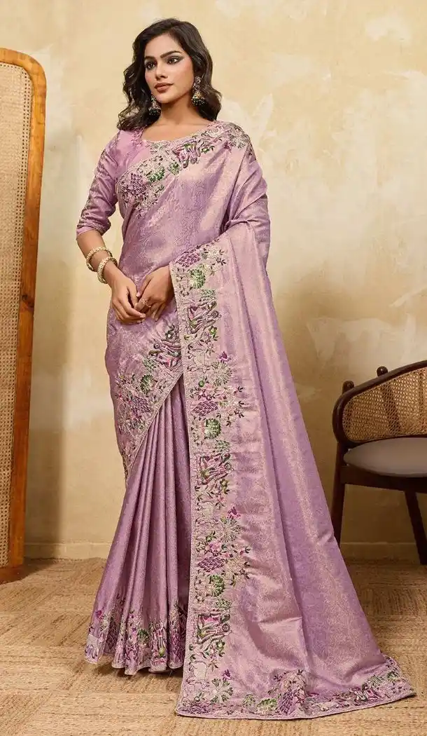 Lavender Beads Work Soft Kanjiwarm Silk Saree - 218542