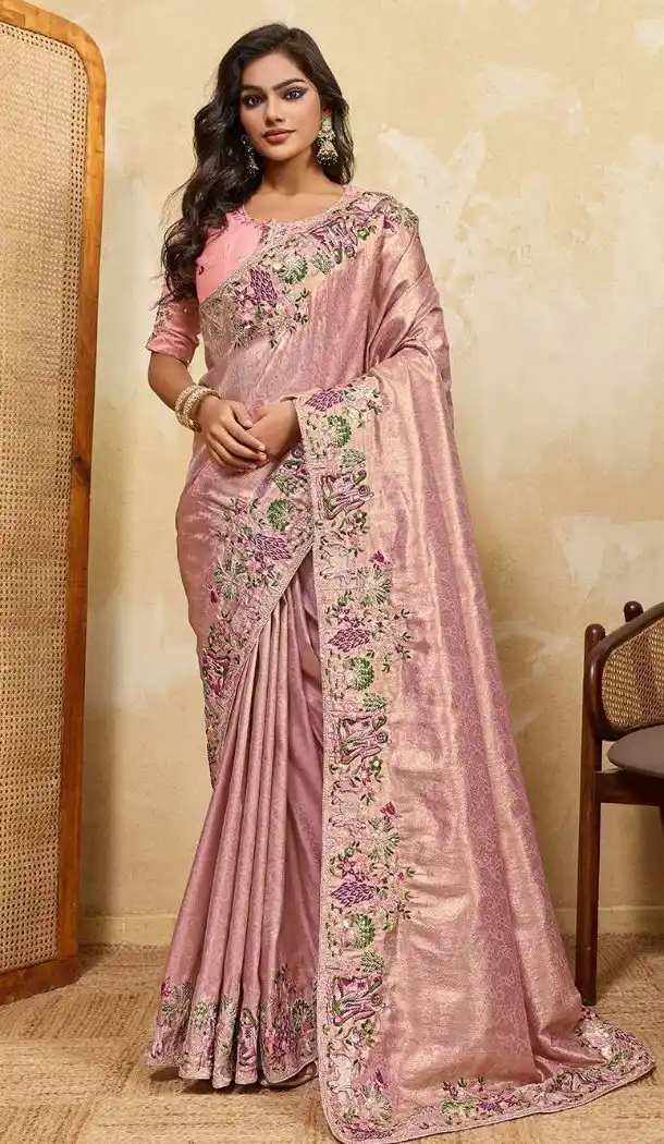 Pink Embroidery Work Silk Saree - 218543