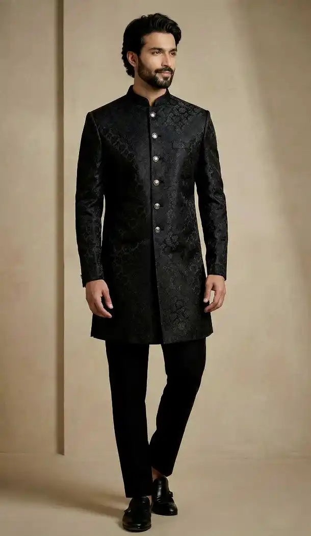 Black Jacquard Work Mens Indo Western - 218570