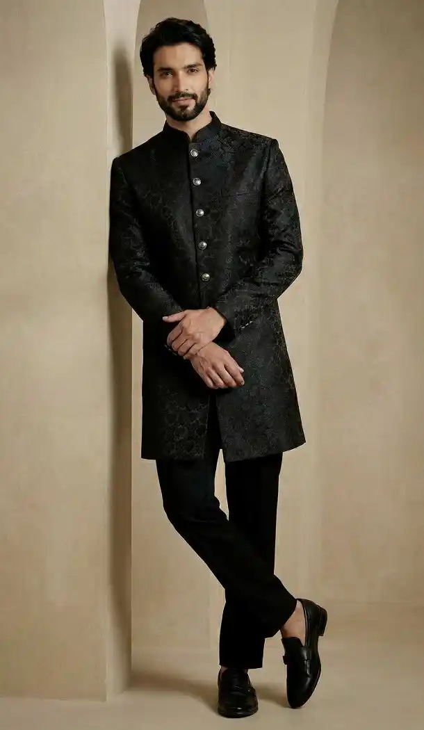 Black Jacquard Work Mens Indo Western - 218570
