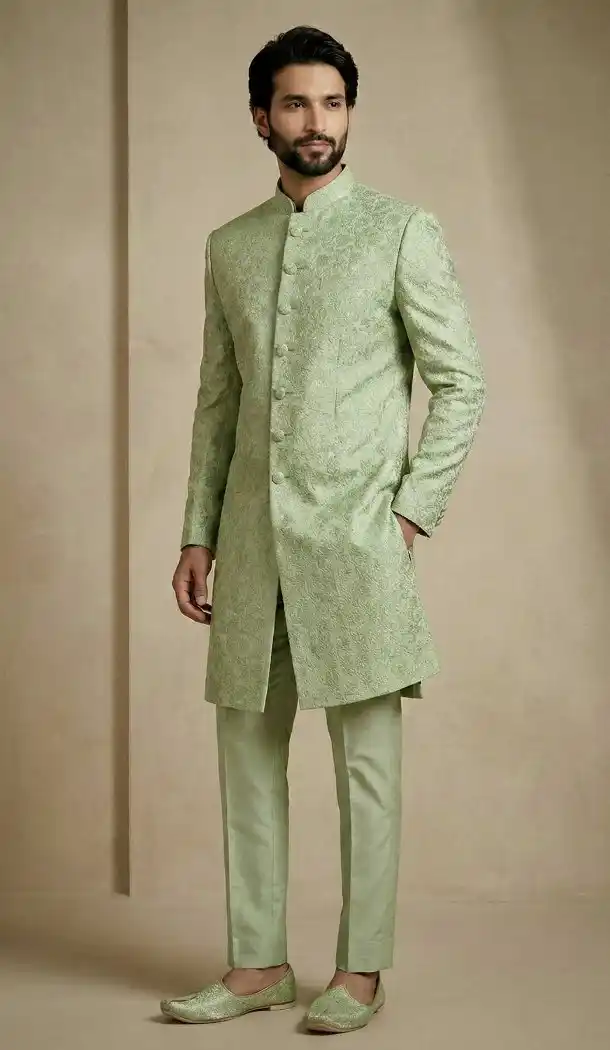 Olive Green Donier Jacquard Sherwani Style Indo Western - 218571