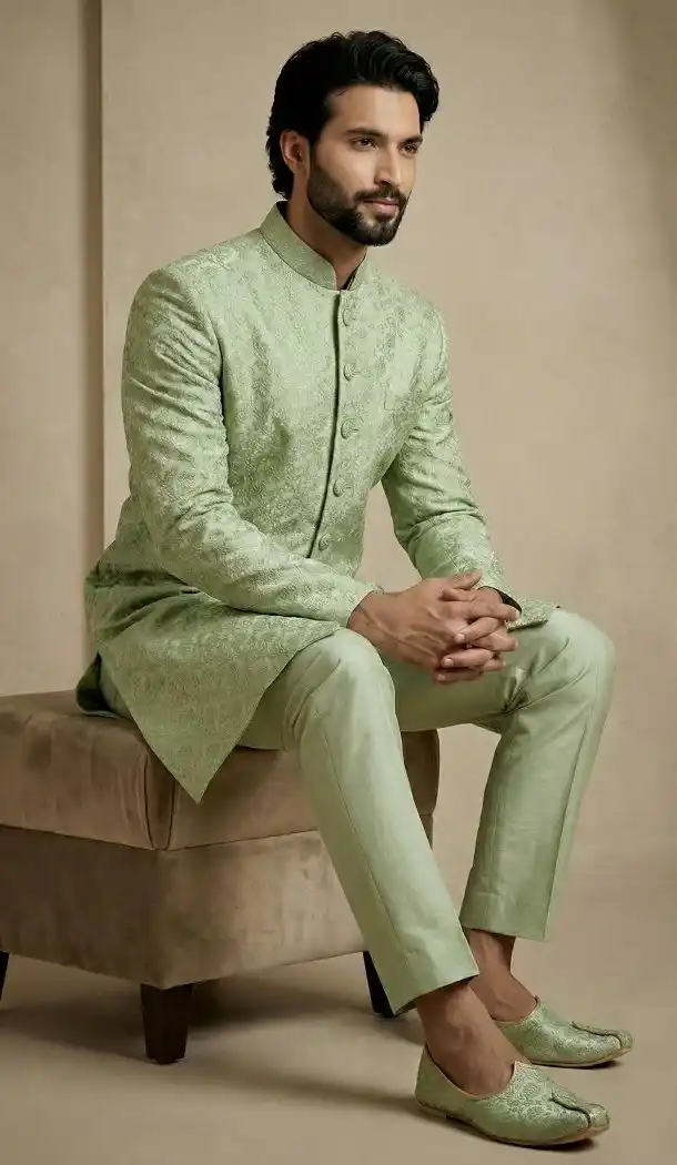 Olive Green Donier Jacquard Sherwani Style Indo Western - 218571