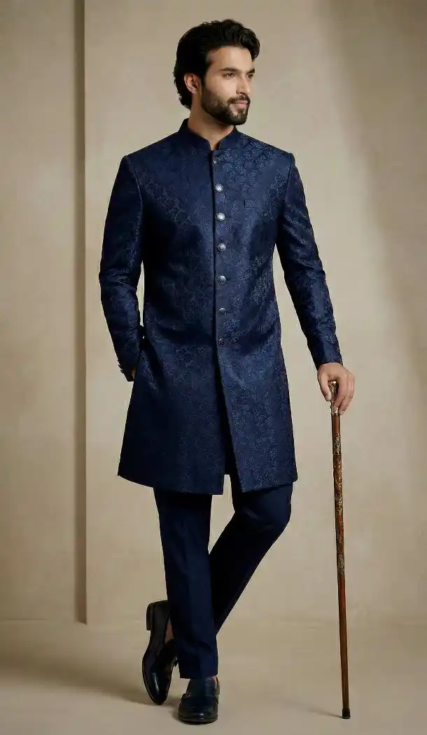 Navy Blue Donier Jacquard Party Wear Indo Western - 218573