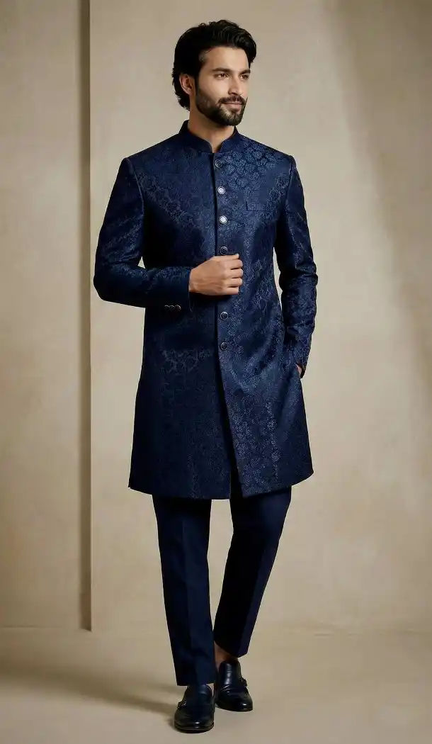Navy Blue Donier Jacquard Party Wear Indo Western - 218573