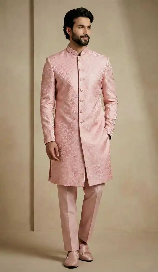Light Pink Jacquard Indo Western Mens Wear - 218574