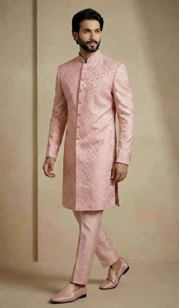 Light Pink Jacquard Indo Western Mens Wear - 218574