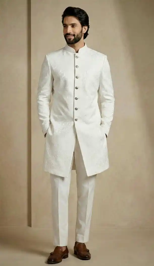 White Designer Jacquard Indo Western Outfit - 218575