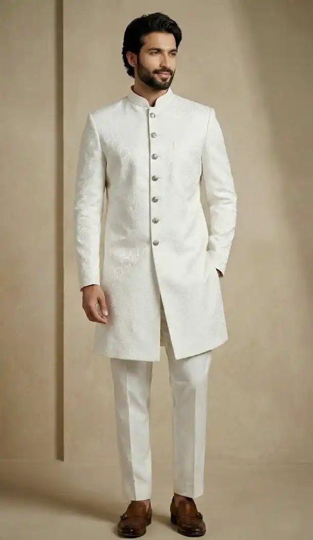 White Designer Jacquard Indo Western Outfit - 218575