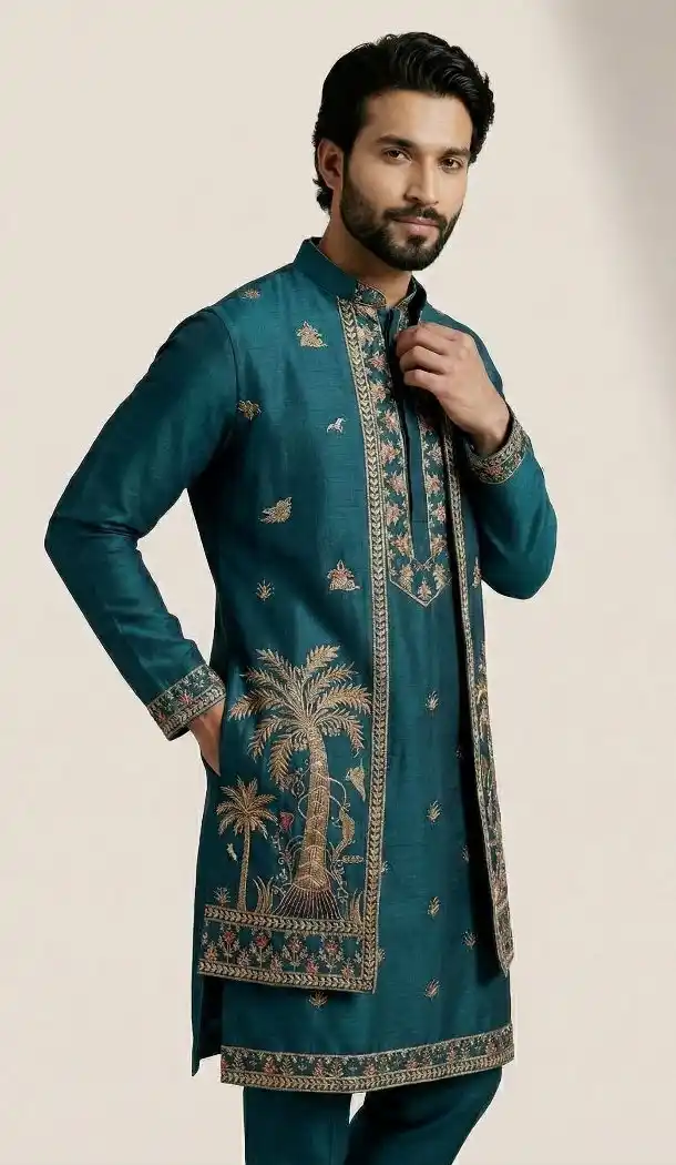 Teal Blue Doniyar Shartin Ethnic Kurta Pajama - 218577