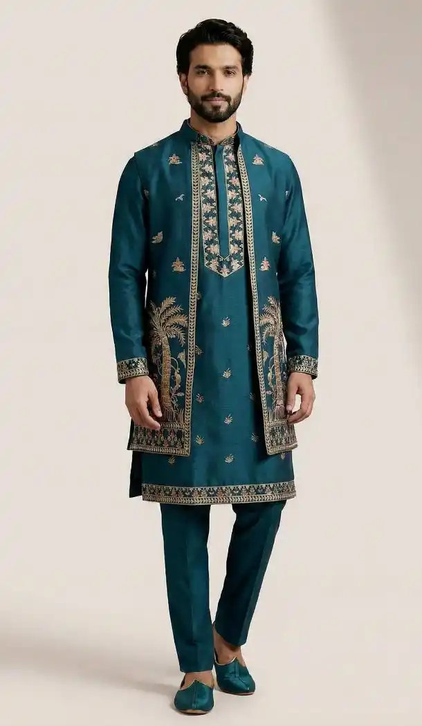 Teal Blue Doniyar Shartin Ethnic Kurta Pajama - 218577