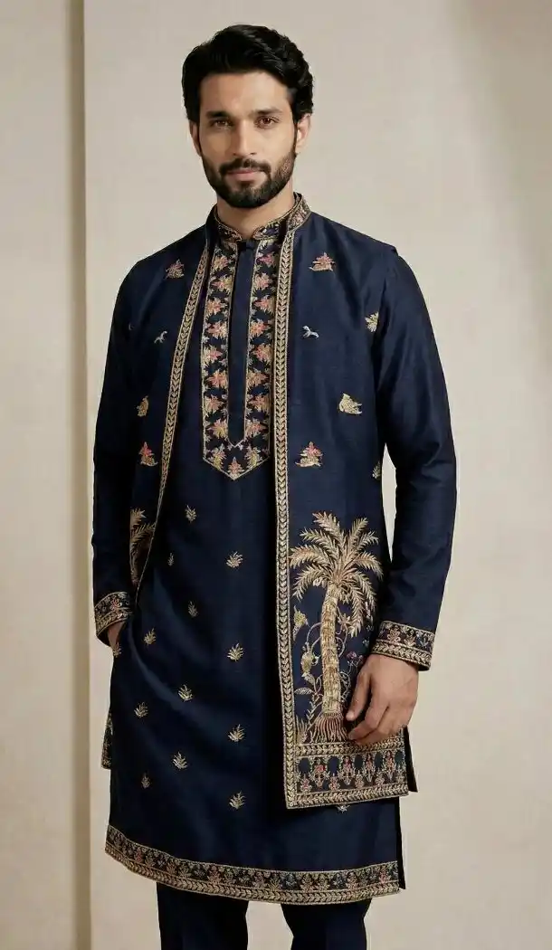 Navy Blue Doniyar Shartin Kurta Pajama for Men - 218578