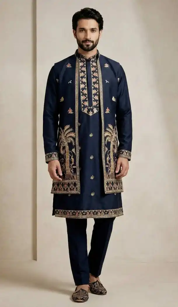 Navy Blue Doniyar Shartin Kurta Pajama for Men - 218578