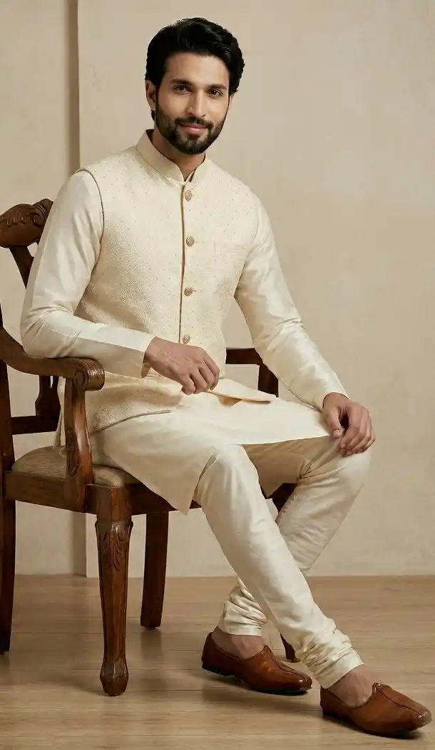 Cream Banarasi Dhupion Ethnic Kurta Pajama - 218581