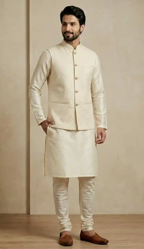 Cream Banarasi Dhupion Ethnic Kurta Pajama - 218581