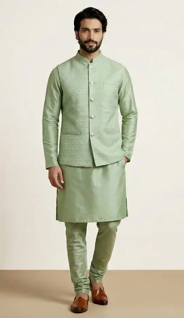 Pista Banarasi Dhupion Designer Kurta Pajama - 218582