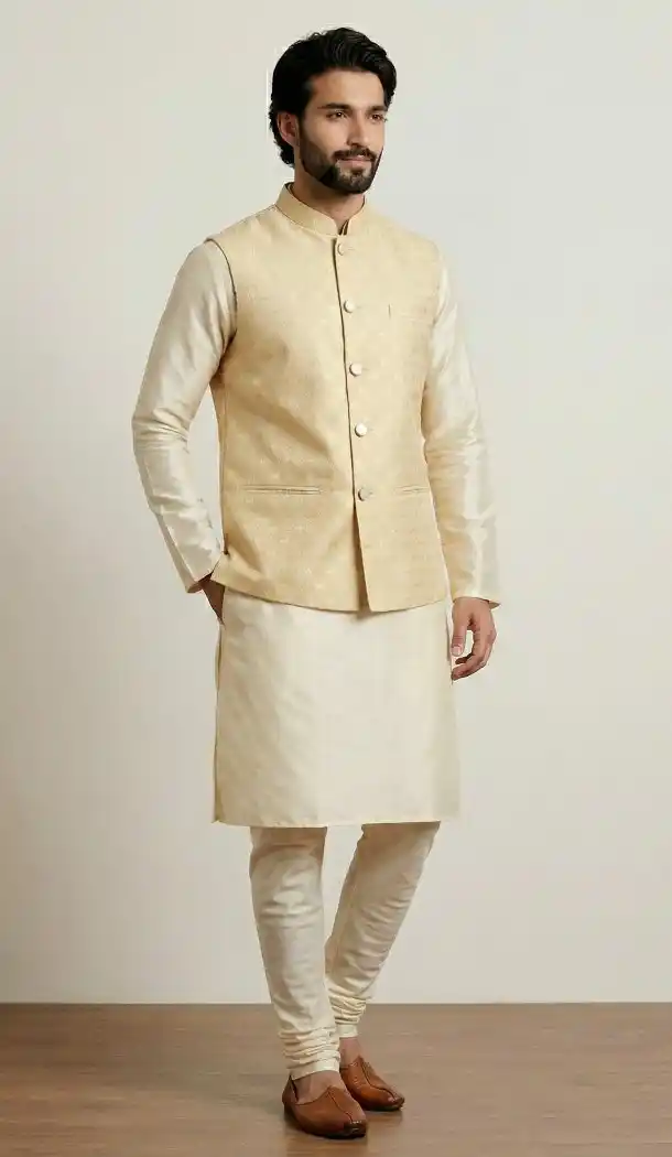 Gold Party Wear Banarasi Kurta Pajama - 218583