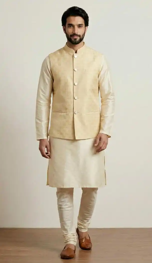 Gold Party Wear Banarasi Kurta Pajama - 218583