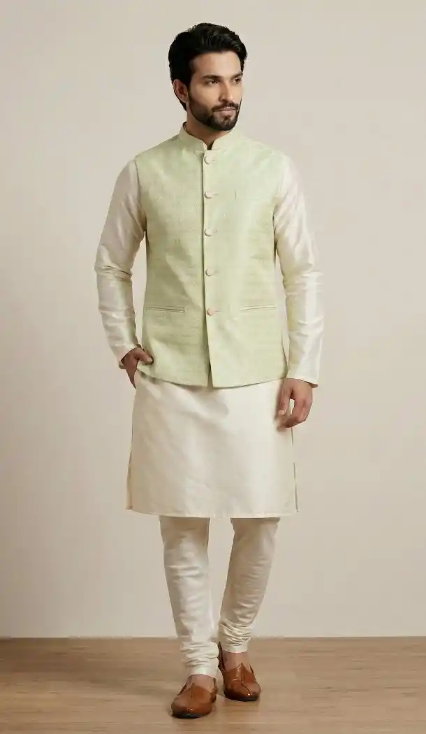 Cream Wedding Wear Banarasi Kurta Pajama - 218585