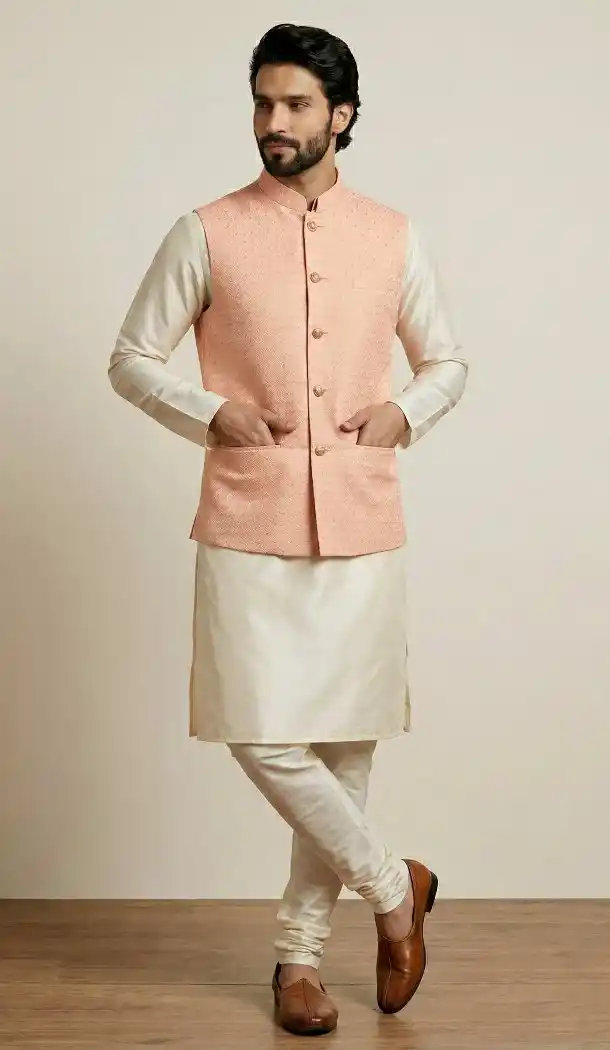 Traditional Cream Banarasi Silk Kurta Pajama - 218586