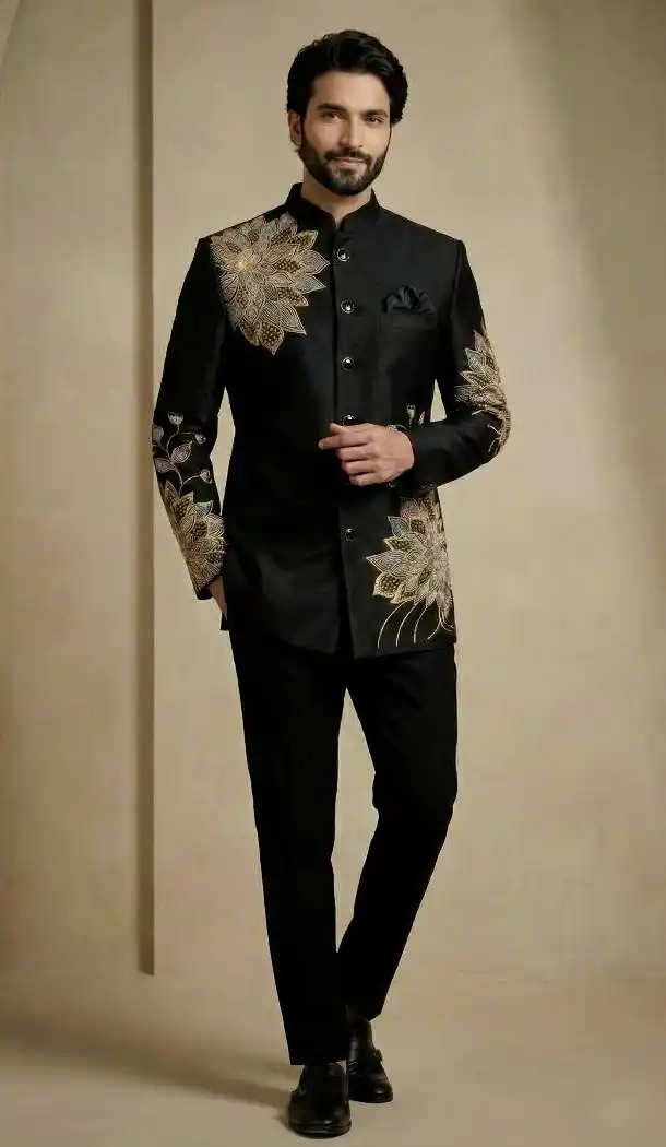 Black Satin Silk Sherwani for Men - 218587