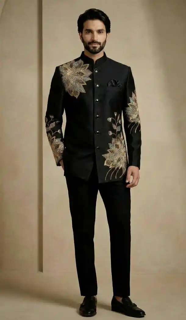 Black Satin Silk Sherwani for Men - 218587