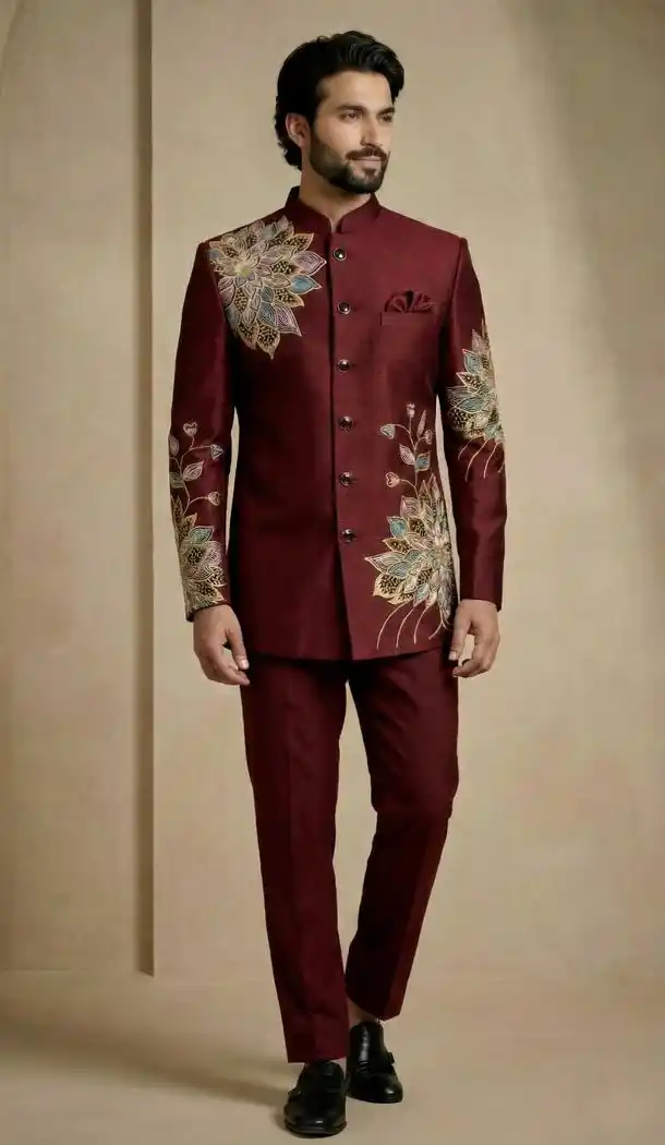 Maroon Satin Silk Wedding Sherwani for Men - 218588