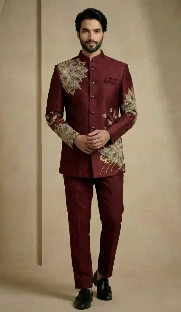 Maroon Satin Silk Wedding Sherwani for Men - 218588